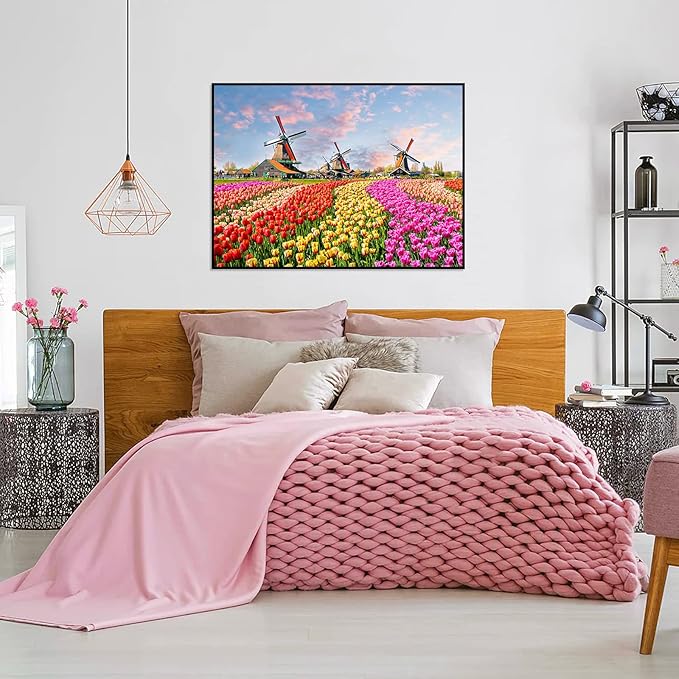 Jigsaw Puzzles 1000 Pieces for Adults Holland Tulip Fields 1000 Piece Puzzle Dutch Windmill Puzzle 1000 Pieces Tulips Flowers Puzzles Holland Landscape Puzzle Flower Jigsaw Puzzles for Adults Teens