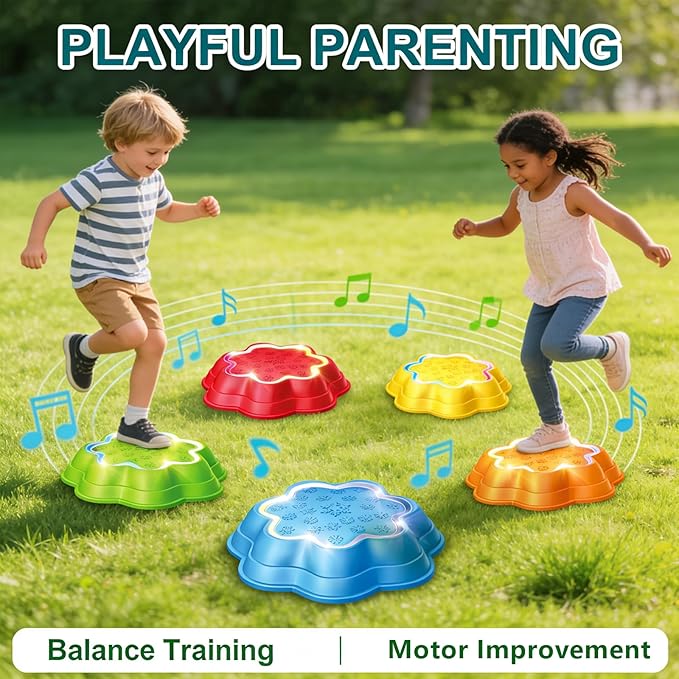 Stepping Stones for Kids with Music Colorful Light-Up, 5 PCS Non-Slip Sensory Stepping Stones Indoor Outdoor Toys Enhance Balance for Kids Toddlers