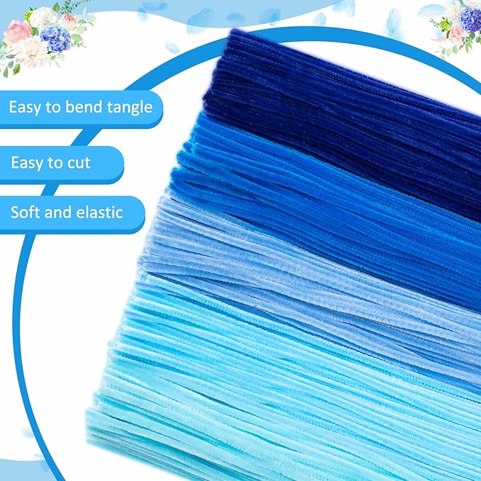 Peryiter 500 Pieces Pipe Cleaners Chenille Stems for Flowers Craft Supplies Bulk Fluffy Fuzzy Sticks for DIY Art Projects Creative Gift Wrapping Party Decorations(Blue,12 Inch)