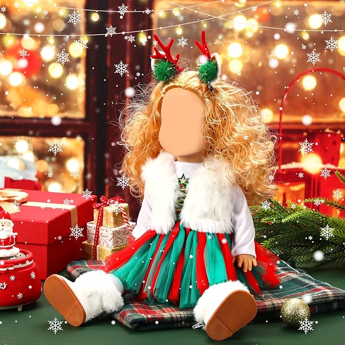 UPINS Christmas 18 Inches Doll Clothes and Accessories Winter Doll Outfits Set Christmas Deer Costume Includes Tutu Dress Vest T-Shirt Shoes Hairpin Socks for 18 Inch Doll Girls Gifts