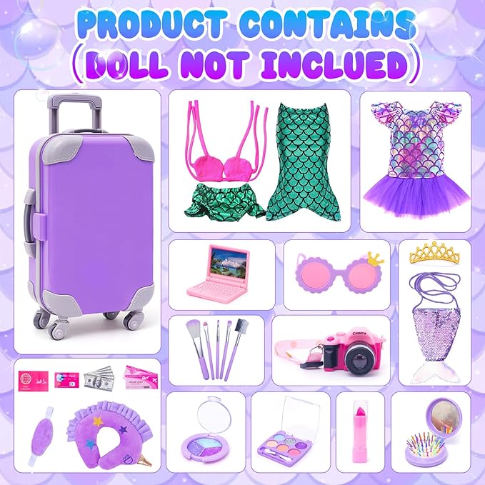 HAPGFS American 18 Inch Doll Makeup Accessories and Travel Set Mermaid, Including Purple Suitcase Luggage Dress Eye Shadow Lipstick Eyelash Brush Dolls Travel Gear Play Set Gift for Birthday (NO Doll)