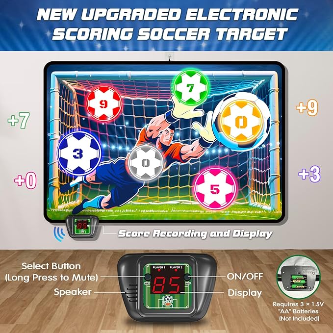 VATOS Electronic Scoring Soccer Toy Game Set for Kids, Indoor Outdoor Soccer Training Target with Real-Time Scoring, 2 Modes, Fabric Goal and 2 Soft Balls, Fun Sport Birthday Ages 3+