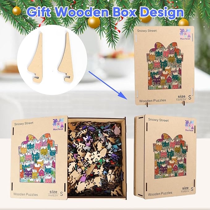 Mocfesk Winter Wooden Puzzles for Adults and Kids, Holiday Snow Building Jigsaw Puzzles, Unique Shaped Christmas Wood Puzzles Gifts for Grandkids, Family Game Home Decor 205 Pieces 9.4'' x 12.2''