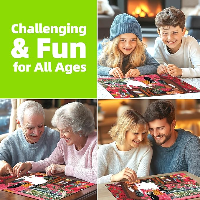 Spring Cozy Room & Cat 1000 Piece Puzzle for Adults, Fun Puzzles for Adults 1000 Pieces with HD Print & Poster, 27.5 * 19.7 in Dust Free, for Gifts Halloween Christmas Family Games Lovers
