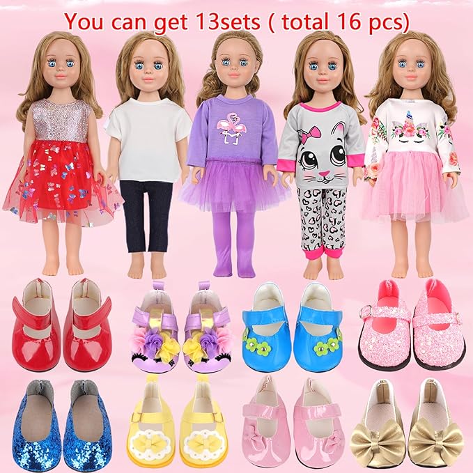 MSYO 18-Inch Doll Clothes & Accessories Kit: 5 Pre-Styled Outfit Sets + 2 Pairs of Shoes (8 Styles Available) - Fashion Dress-Up Play Set for Dolls, Gift for Girls Ages 3-10