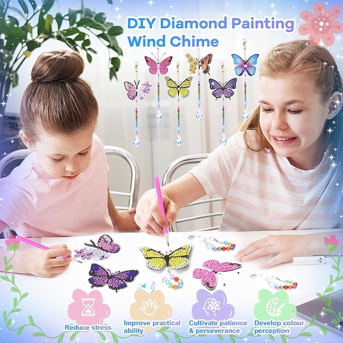 Diamond Art Kits for Kids Ages 6-12: Gifts for 7 8 9 10 Year Old Girls Teens Birthday Gifts Creative Arts & Crafts for Girls Boys DIY Wind Chime & Suncatcher Craft Kit Crystal Decor Kit Butterfly