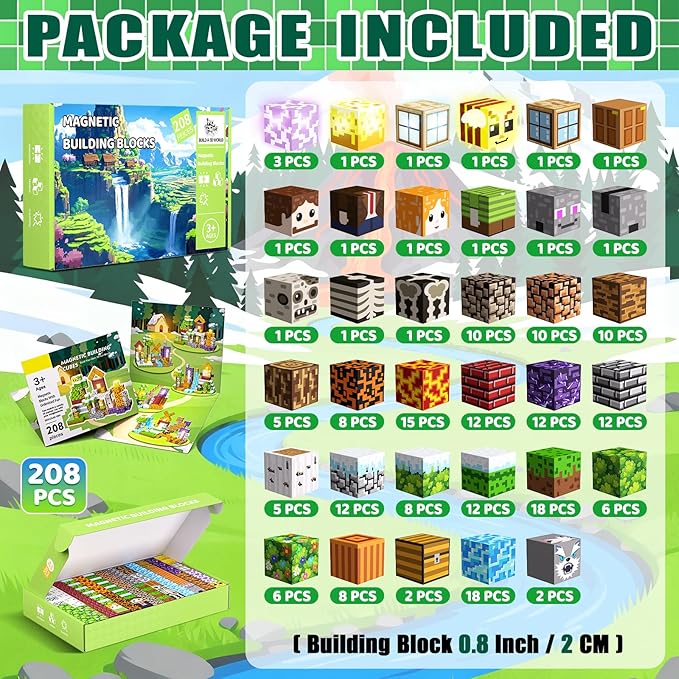 Magnetic Blocks, 208PCS Magnetic Building Blocks, Stacking Magnetic for Kids, Sensory Toy for STEM Constructions Magnetic Blocks for Boys Girls Age 3+, Holiday Birthday Gifts
