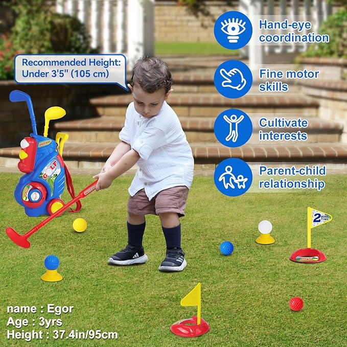 Toddler Golf Set for Boys Girls 1 2 3 4 Years Old, Upgraded Kids Golf Cart with 3 Clubs & 8 Balls, Outdoor Indoor Sports Toys Birthday Gift, Blue