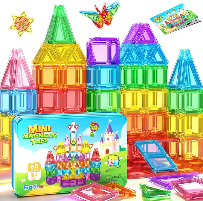 Soyee Easter Basket Stuffers for Toddler Kids Mini Magnetic Tiles 60PCS Toddler Kids Toys Travel Set with Metal Tin Case, Portable STEM Building Blocks Kids Toy for 3-12 Year Old Boys & Girls