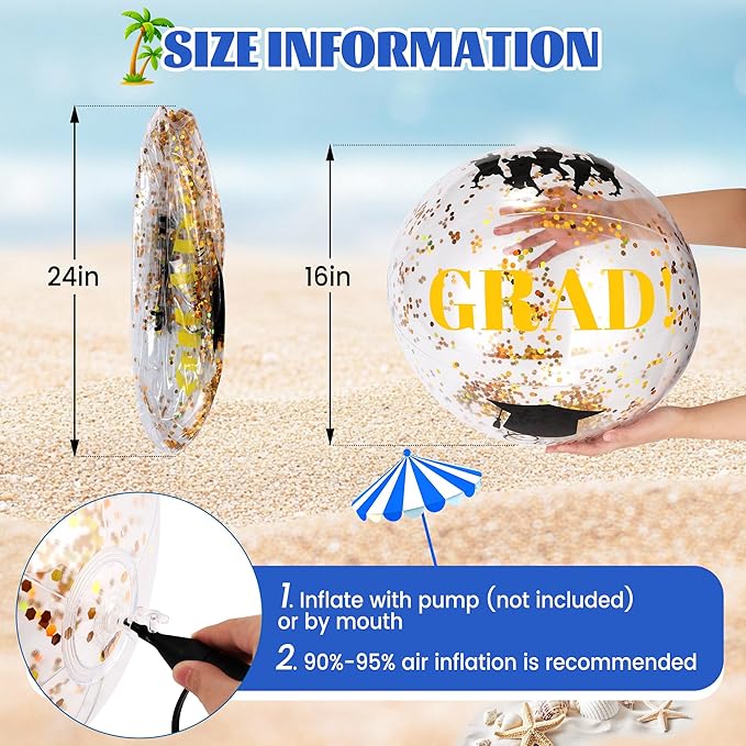 Forwe Graduation Inflatable Beach Balls, 16 Inc Confetti Glitter Beach Pool Ball Blow up Balloon Toys for Class of 2026 Swimming Pool Graduation Party Decorations