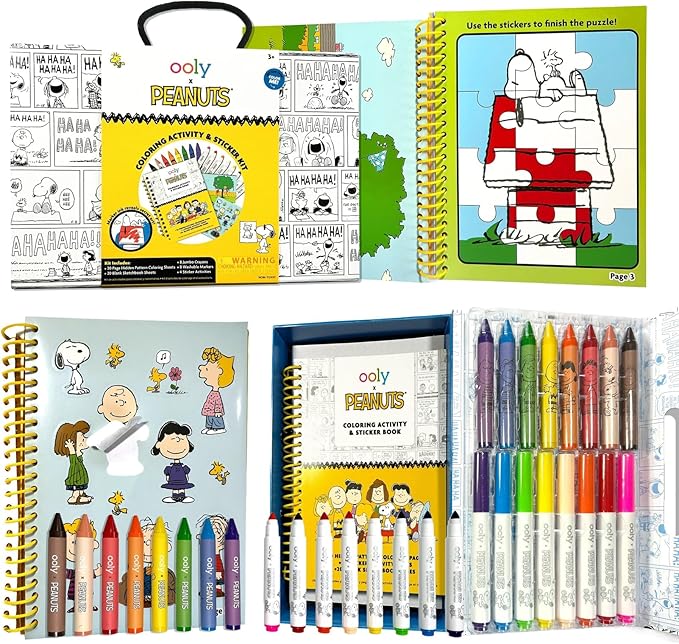 Ooly X Peanuts 60 PC Coloring Activity & Sticker Book in a Travel Box, 8 Washable Markers, 8 Jumbo Crayons, 40 Drawing Sheets & More