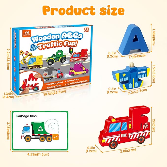 Vanmor Wooden Vehicle Alphabet Puzzle for Toddlers, Traffic ABC Letter Sight Words Matching Game with 52 Blocks and Flash Cards, Spelling Game Toys, Kindergarten Preschool Learning Activities