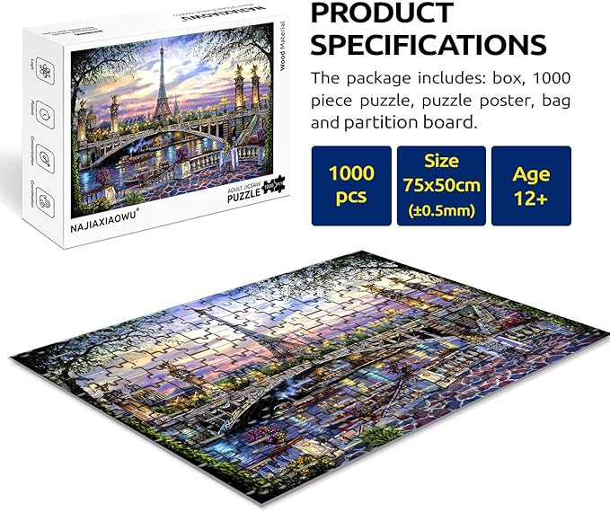 1000 Pieces Puzzles for Adult Wooden Jigsaw Puzzle 1000 Piece Puzzle Adult Children Elderly Puzzle Flower Eiffel Tower Paris Bridge Puzzle Gift for Mom Dad Family Friend Home Decor Wall Art 29.5x20IN