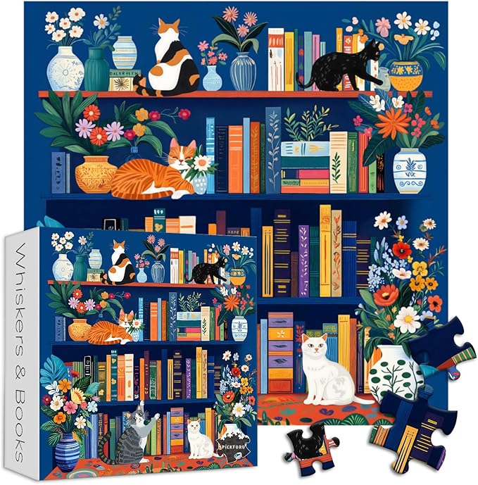 Cat Book Puzzles for Adults 1000 Pieces, PICKFORU Wildflower Pages Jigsaw Puzzle Bookshelf Library, Impossible Hard Floral Vase Theme for Book Lover