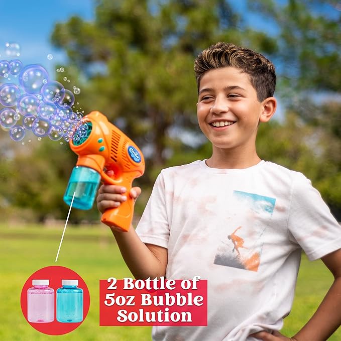 JOYIN 2 Bubble Guns with 2 Refill Solution (10 oz Total), Automatic Bubble Maker Blower Machine for Kids, Toddlers, Outdoors, Party, Birthday Gift, Easter Toys (Blue, Orange)