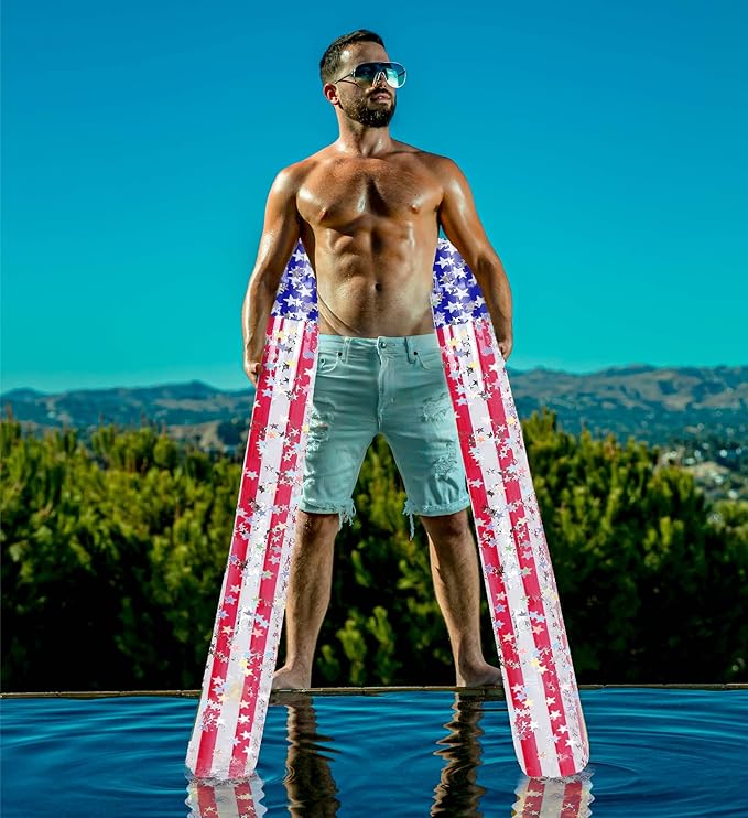 POZA Inflatable USA Pool Float - Luxurious Fun Lounger Filled with Sparkle Silver Stars Confetti, Cool USA Flag Design Water Swimming Pool Floaties for Beach, Lake & Pool
