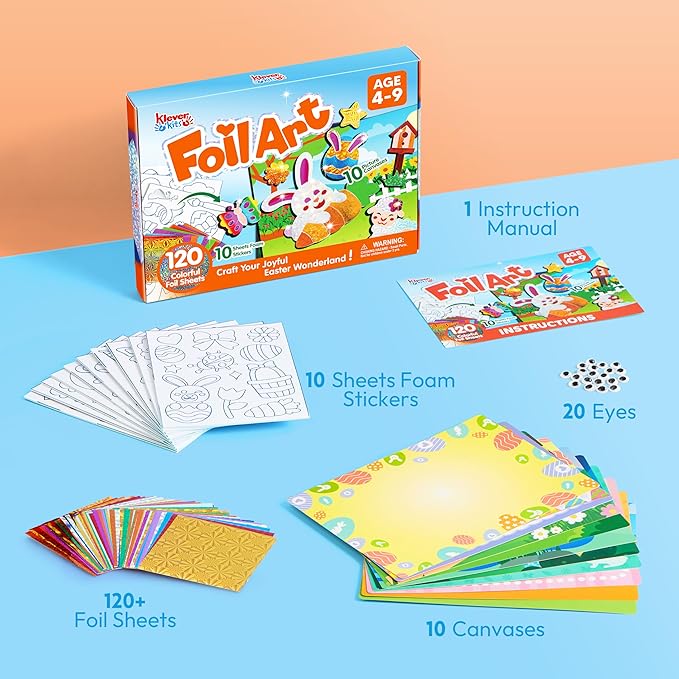 Klever Kits Easter Foil Art Kit for Kids - Arts & Crafts Supplies, Mess Free Coloring, Easter Basket Stuffers, Foil Foam Stickers, Creative Travel Toys, Birthday Gifts for Boys & Girls Ages 4 and Up