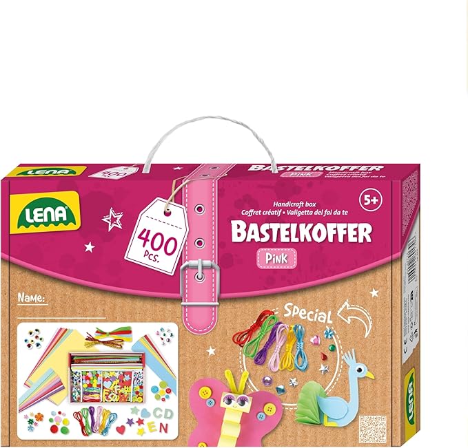Lena Craft Case with 400 Pieces, Paper Foam Rubber, Pipe Cleaner, Rhinestones, Wiggle Eyes, Pompoms and Buttons, Pink & Purple, Suitable for Children Aged 5 Years and Up