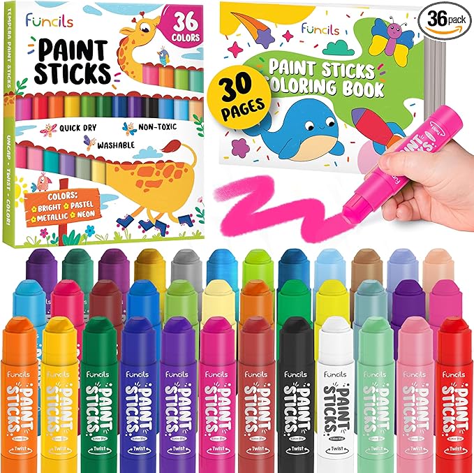 36 Washable Tempera Paint Sticks for Kids with Coloring Book | Non-Toxic Markers for Toddlers 1-3 | Works on Paper, Canvas, Wood, Cardboard - Craft, Art Supplies for Kids 3-5, Painting Crayons
