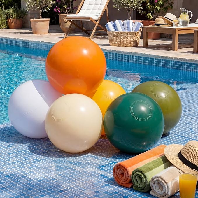 Realspring 24 Pcs Inflatable Beach Balls for Kids Bulk Pastel Solid Color Jumbo Beach Ball Swim Pool Floating Toys Baby Shower Birthday Summer Party Decor(Mainly Green, Yellow, Brown, White,26.5 Inch)