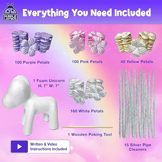 PURPLE LADYBUG Unicorn Poke Art Kit - 3D DIY Foam Figurine Craft Set, Mess-Free Floral Decorating Toy, Creative Art Activity for Kids Ages 4-10 - Giftable Craft Kit for Girls