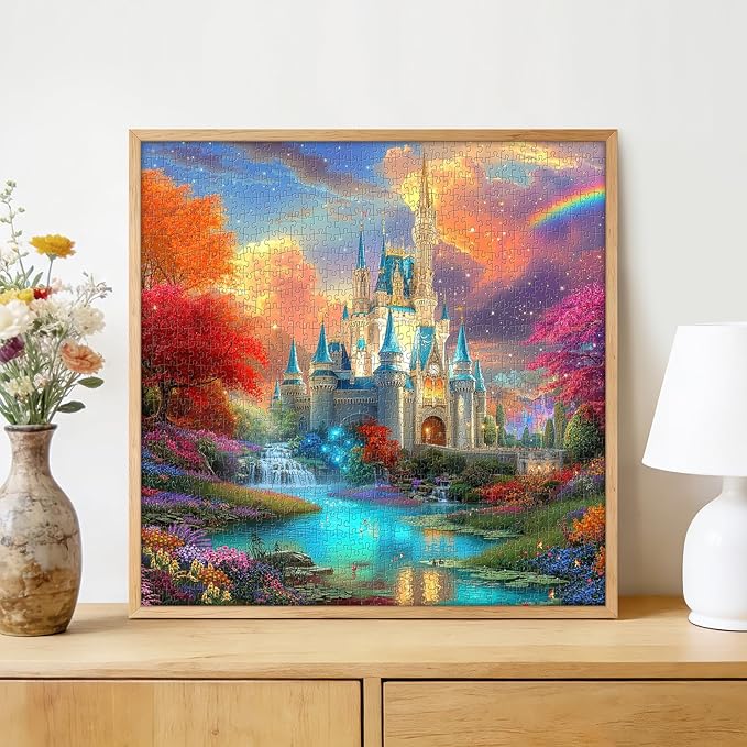 Enchanted Rainbow Castle 1000 Piece Jigsaw Puzzle for Adults - Fantasy Castle with Waterfalls & Autumn Trees, Poster & Lettered Back, 22.8" Square HD Quality, Unique Gift for Fairy Tale Lovers