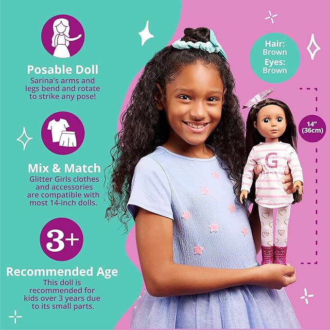 Glitter Girls – 14-Inch Fashion Doll – Straight Brown Hair & Brown Eyes – Striped Tunic & Glitter Boots – Hair Bow & Heart Leggings – 3+ Years– Sarinia