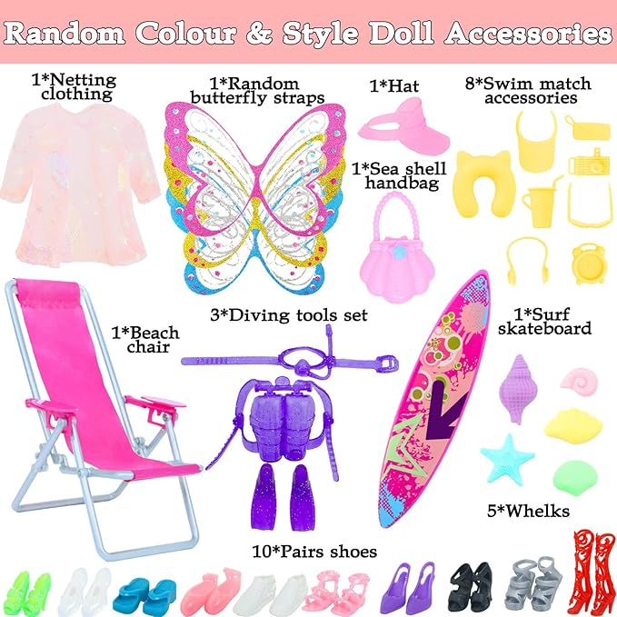 40 Psc Doll Swimsuits Set, Bikini Clothes and Accessories for 11.5 inch Girl Doll Beach Bathing Outfits, Fishtail Skirt, Beach Chair, Skateboard, 10 Pairs Shoes, Diving Suit and More