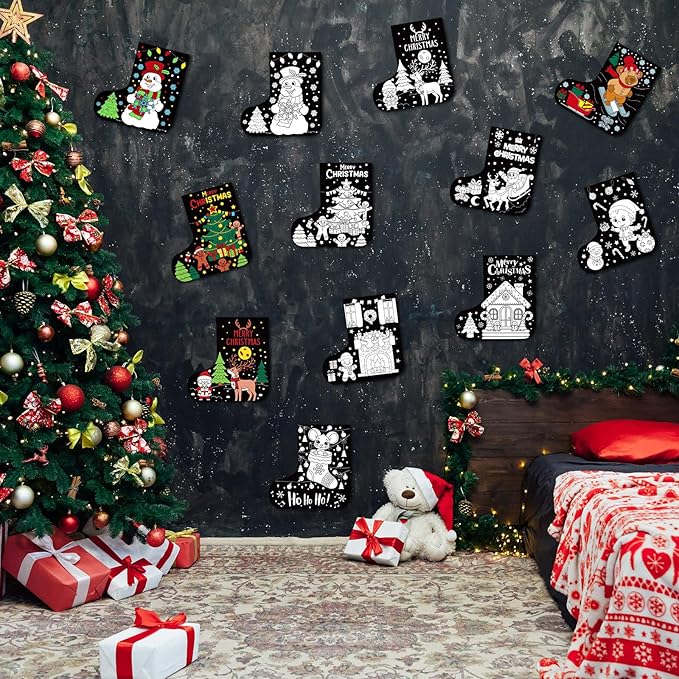 Zhanmai 30 Pcs Color Your Own Christmas Crafts Stockings Posters Bulk Painting Crafts DIY Your Own Santa Claus Snowman Stockings Poster for Xmas Party Holiday Activities