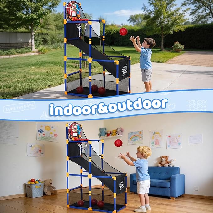 2-in-1 Kids Basketball Arcade Game Set with 4 Balls & 6 Sticky Toss Balls – Indoor & Outdoor Basketball Hoop and Dart Game, Height Adjustable Sports Toy with Ball Return Ramp for Boys & Girls Ages 3+