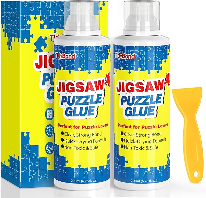 Jigsaw Puzzle Glue with Sponge Tip & Squeegee – Clear, Fast-Drying Puzzle Sealer for 1000/3000/5000 Piece Puzzles – Non-Toxic Adhesive for Paper & Wooden Jigsaw Puzzles – 200ML x 2 Pack