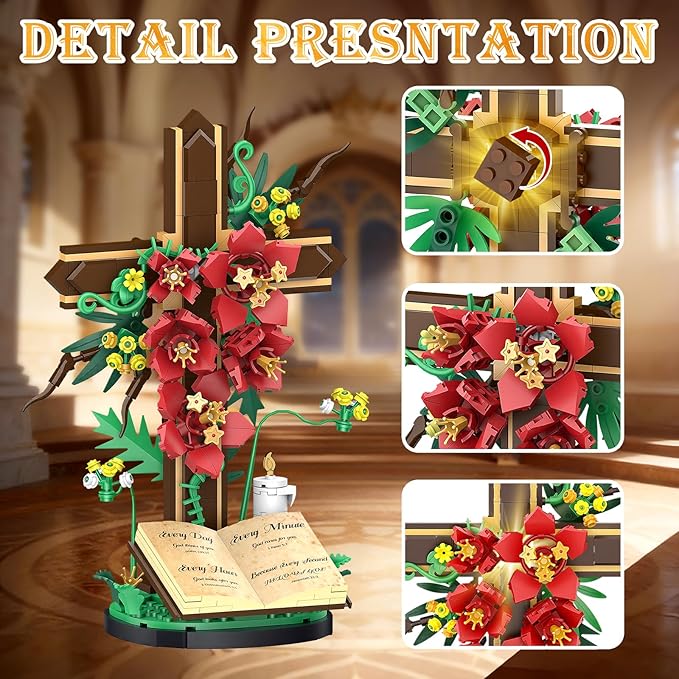 Jesus Cross Flower Building Set, Religious Cross Collectibles Jesus Catholic Building Toys, Christian Crucifix Floral Decor Display, Easter, Christian, Birthday Gift for Kids, Women & Adults (381 PCS)