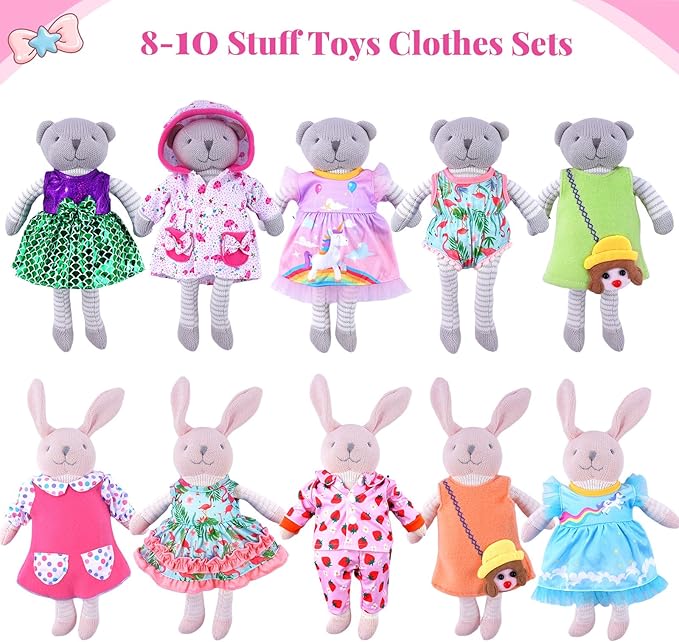 BABESIDE 10 Sets Baby Doll Clothes & Accessories for 8/10/11 Inch Baby Dolls, Includes Cute Jumpsuit & Skirts, 3+ Year Old Girls Gifts, Pretend Play