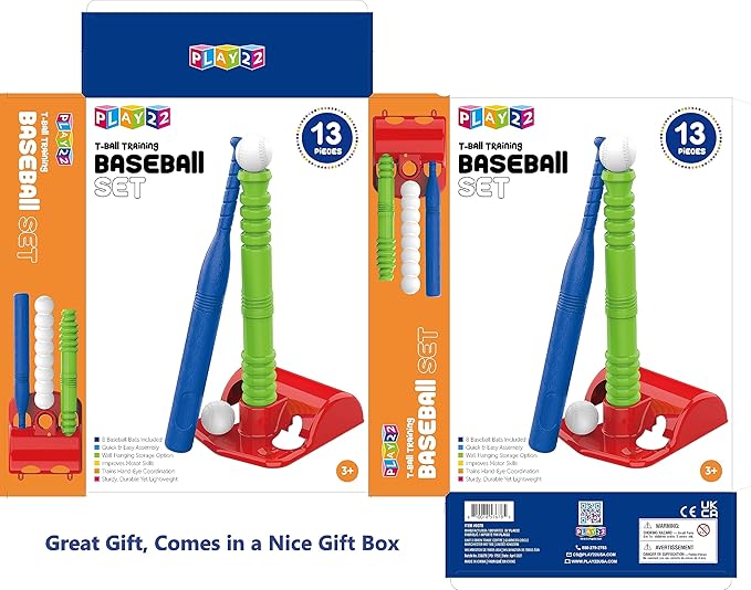 Play22 T Ball Set for Toddlers - Tball Set for Kids 3-5, 8 Large Balls, 23" Batting Tee - Kids Baseball Bat Tee - Wiffle Ball, Toddler Outdoor Toys Play Equipment, Gifts for 4 Year Old Boys and Girls