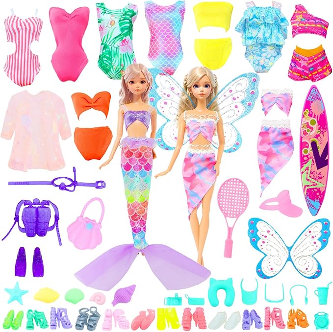 40 Psc Doll Swimsuits Set, Bikini Clothes and Accessories for 11.5 inch Girl Doll Beach Bathing Outfits, Fishtail Skirt, Beach Chair, Skateboard, 10 Pairs Shoes, Diving Suit and More