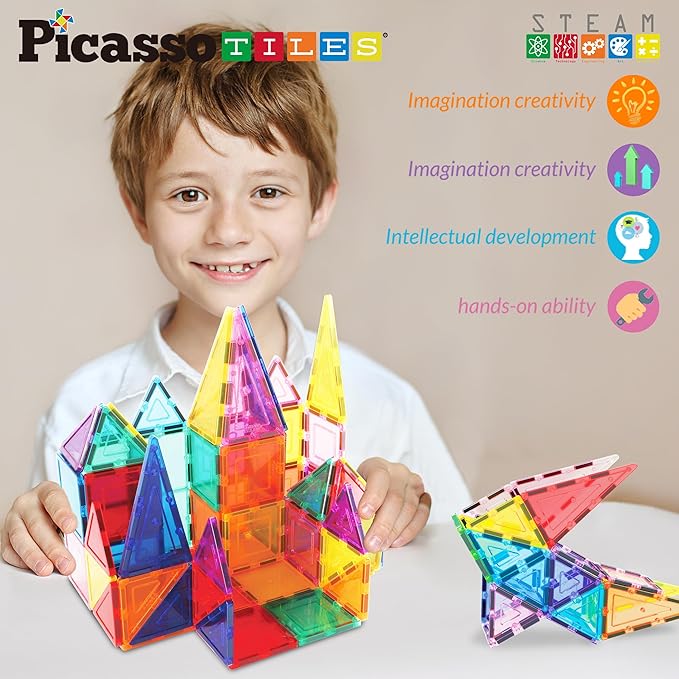PicassoTiles Magnet Tile Building Block Set Magnetic Construction Square Triangle Tiles Toy Kit Sparking Creativity Geometric Shapes STEM Educational Learning Brain Development Kids Ages 3+ PB24