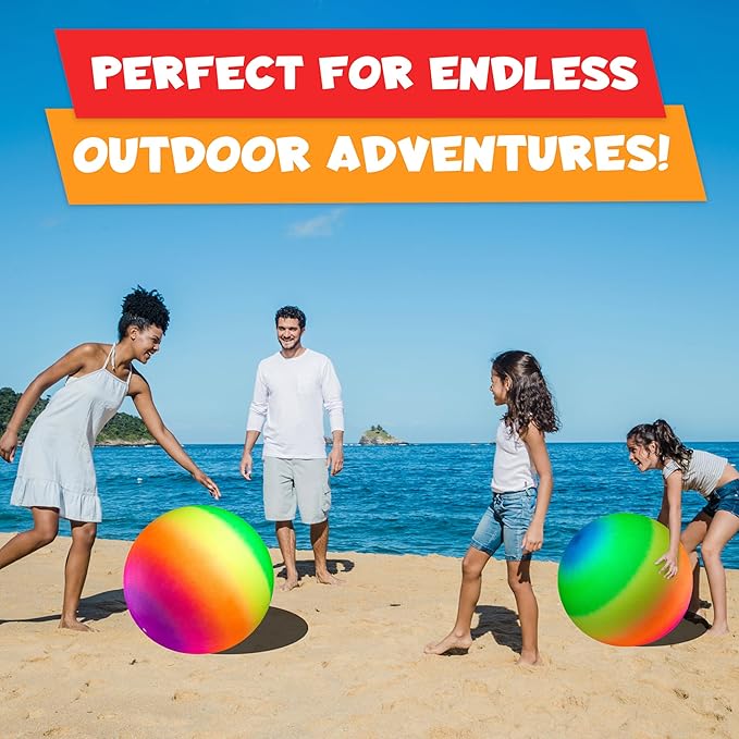 Bedwina 18 Inch Rainbow Playground Ball for Kids (Pack of 1 or 2) Jumbo Size Rainbow Inflatable Big Bouncy Kickball for Park, Giant Balls for Indoor and Outdoor Games with Hand Pump