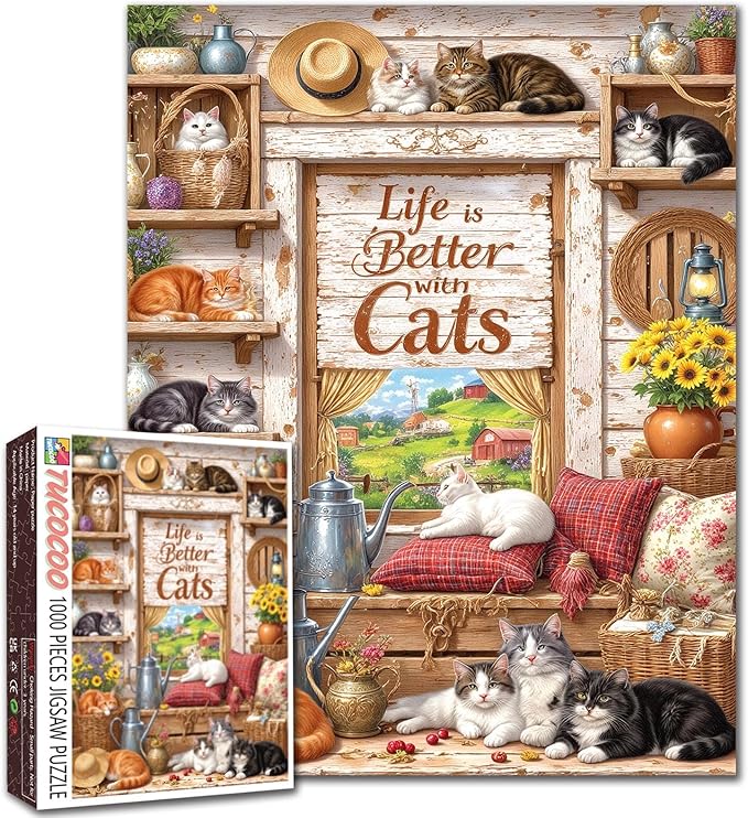 Cat Puzzles 1000 Pieces for Adults, Retro Cat Jigsaw Puzzles for Challenging Family Activity Games DIY Puzzle for Home and Dining Room Wall Decor Gifts - 19.7 x 27.6 Inches