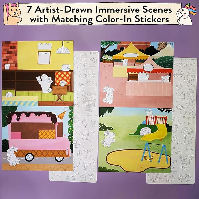Together Art My Town Color Your Own Storytelling Sticker Kit - Hand-Drawn Scenes & Coloring Your Own Stickers - DIY Arts & Crafts Gift for Kids 4-10 - Designed, Partially Produced & Assembled in USA