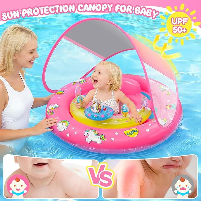 Baby Pool Float with UPF50+ Sun Protection Canopy, Inflatable Unicorn Baby Swim Float with Double Air Chambers, Adjustable Safety Seat & Toy Console Toddler Pool Float for 6-36 Months Boys Girls