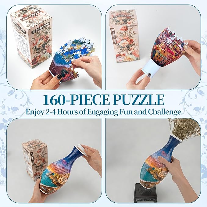 3D Puzzles Vase for Adults, Crafts for Adults, 160 Pieces Plastic DIY Unique Flower Vase with LED Light House Warming Gift Birthday Gifts for Flower Arrangements and Home Decor (Sea and House)