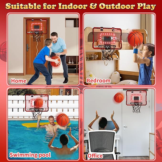 Basketball Hoop Indoor with LED Lights, Basketball Toys Gifts for 5 6 7 8 9 10+ Year Old Boys Kids, Indoor Over The Door Mini Basketball Hoops with Electronic Scoreboard & 3 Balls