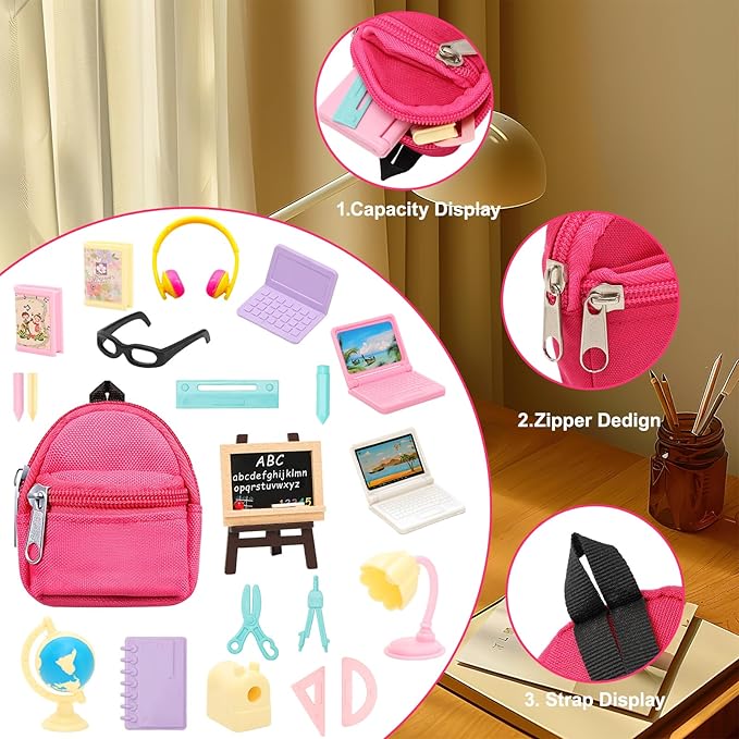 ENOCHT 27 Pcs 11.5 inch Doll School Accessories 4 Doll Backpack Bag with Zipper with Computers, Glasses, Blackboard, 7 Pcs Study Accessories 8 Pcs Stationery Sets 2 headsets