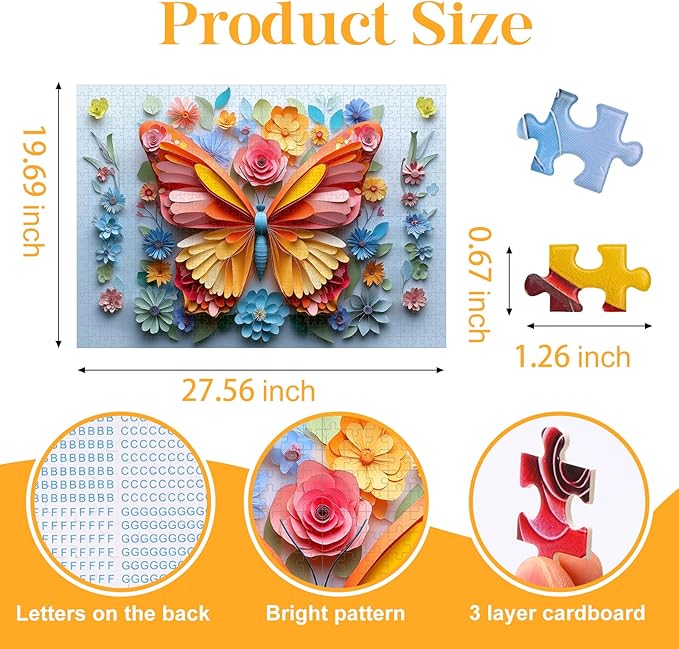 1000 Piece Puzzle for Adults Butterfly Noctilucous Jigsaw Puzzles - Challenging 3D Puzzles Stunning Flower Art Wall Decor, Gift for Adult Puzzle Lovers (27.5x19.6 Inch)
