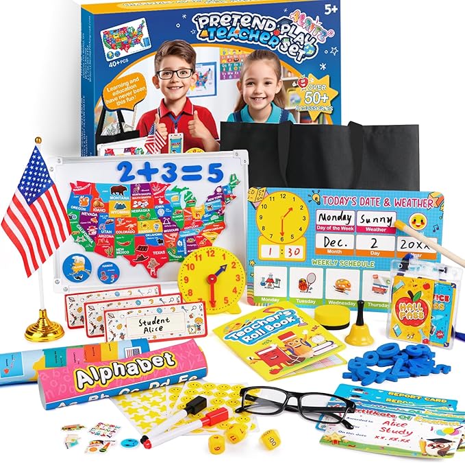Alritz Pretend Teacher Playset, Role Pretend Play Kids School Toys Kit Include Map, Calendar, White Board Boys Girls Toys, Easter Birthday Gift for Ages 5 6 7 8 9 10 11 12 13+