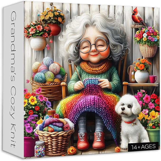 Old Woman Puzzles for Adults 1000 Piece, Larkipuzz Challenging Grandma’s Cozy Knit Puzzle Dog Cardinal, Hard Impossible Floral Plant Art Theme as Wall Decor