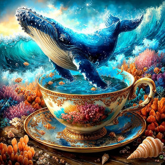 Whale in Teacup Puzzles for Adults 1000 Pieces, Ocean Theme Whale in Teacup Jigsaw Puzzle with Letters on Back, 22.8x22.8 Inch Wall Art, Relaxing Family Game, Easter