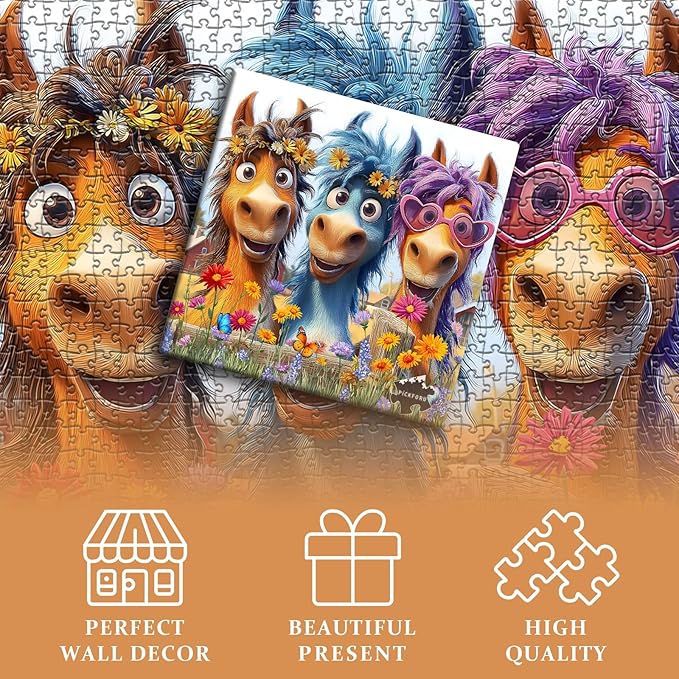 Funny Horse Puzzles for Adults 1000 Pieces, Nature Puzzle Farm Flower Cute Animal, Abstract Art Garden Challenge Jigsaw Puzzle