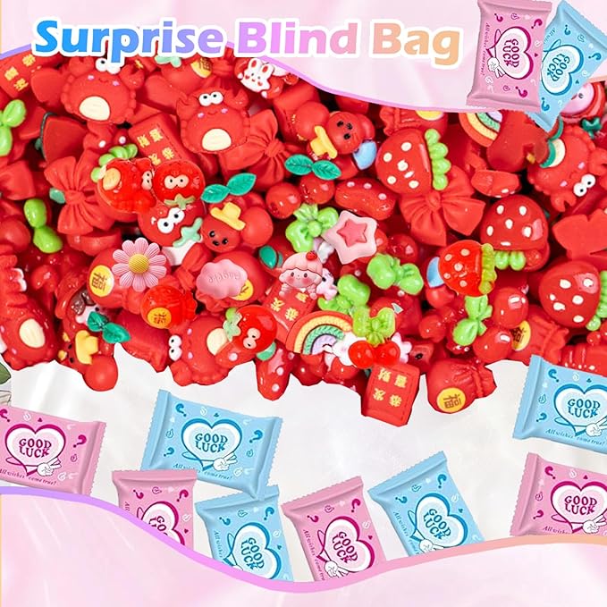 50 Pcs Red Series Mystery Mini Resin Blind Bag – Cute Tiny Figurines for Collecting, DIY Crafts, Dollhouse Decor, Christmas Stocking Stuffers & Holiday Surprise Gifts