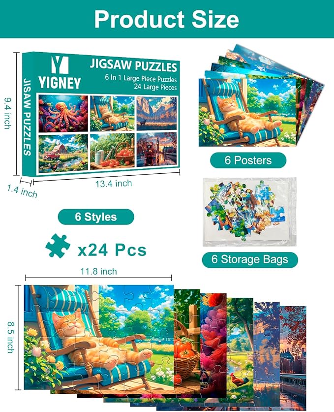 Yigney 6 Pack 24 Large Piece Jigsaw Puzzles for Seniors Alzheimer Product for Elderly Dementia Activities Memory for Patients in Nursing Home with Storage Box